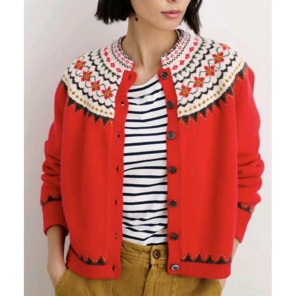 New Alex Mill Holder Fair Isle Red Merino Wool Button Front Cardigan Women M